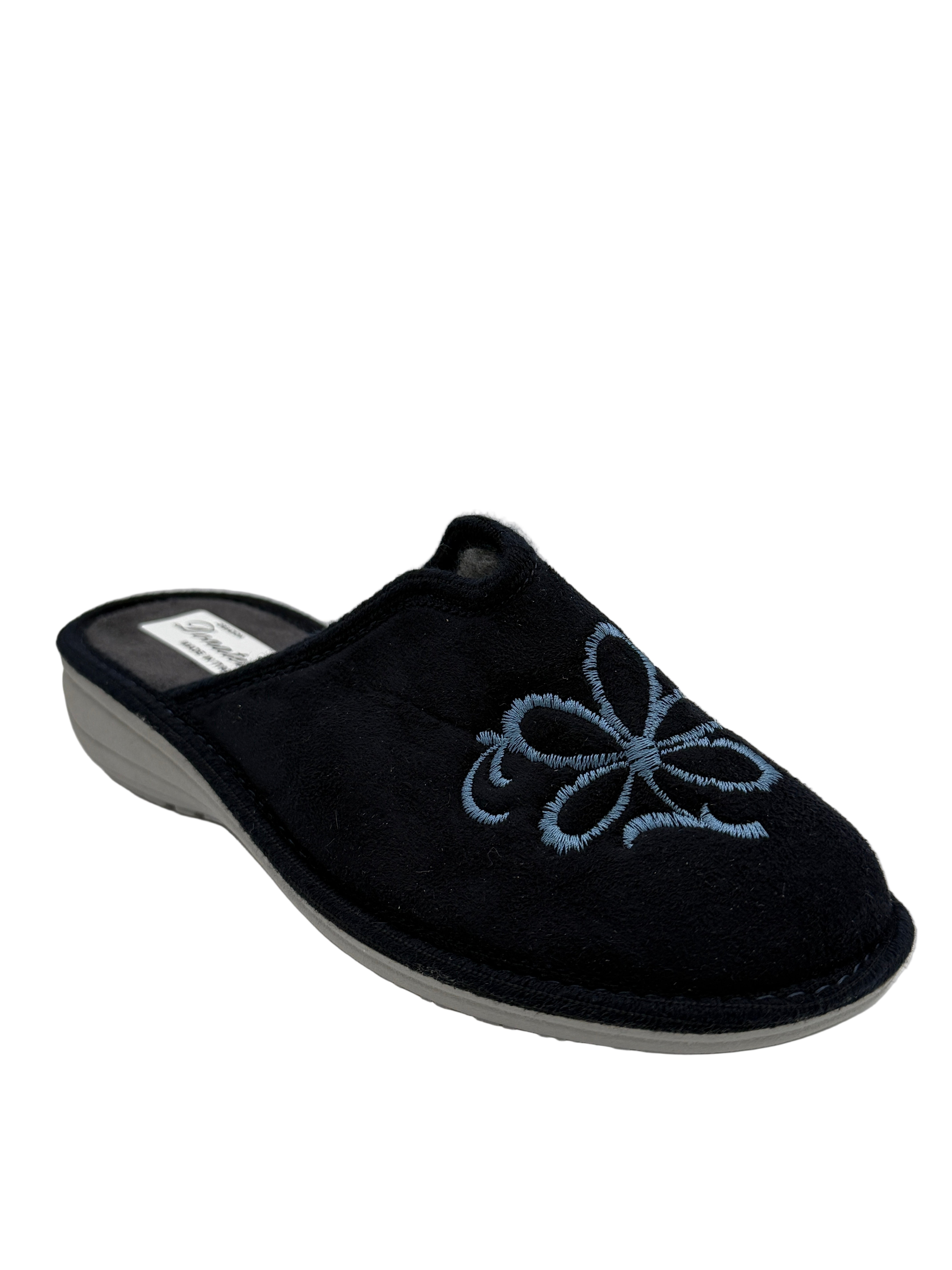 Cecilia_pantofola blu con ricamo fiore
