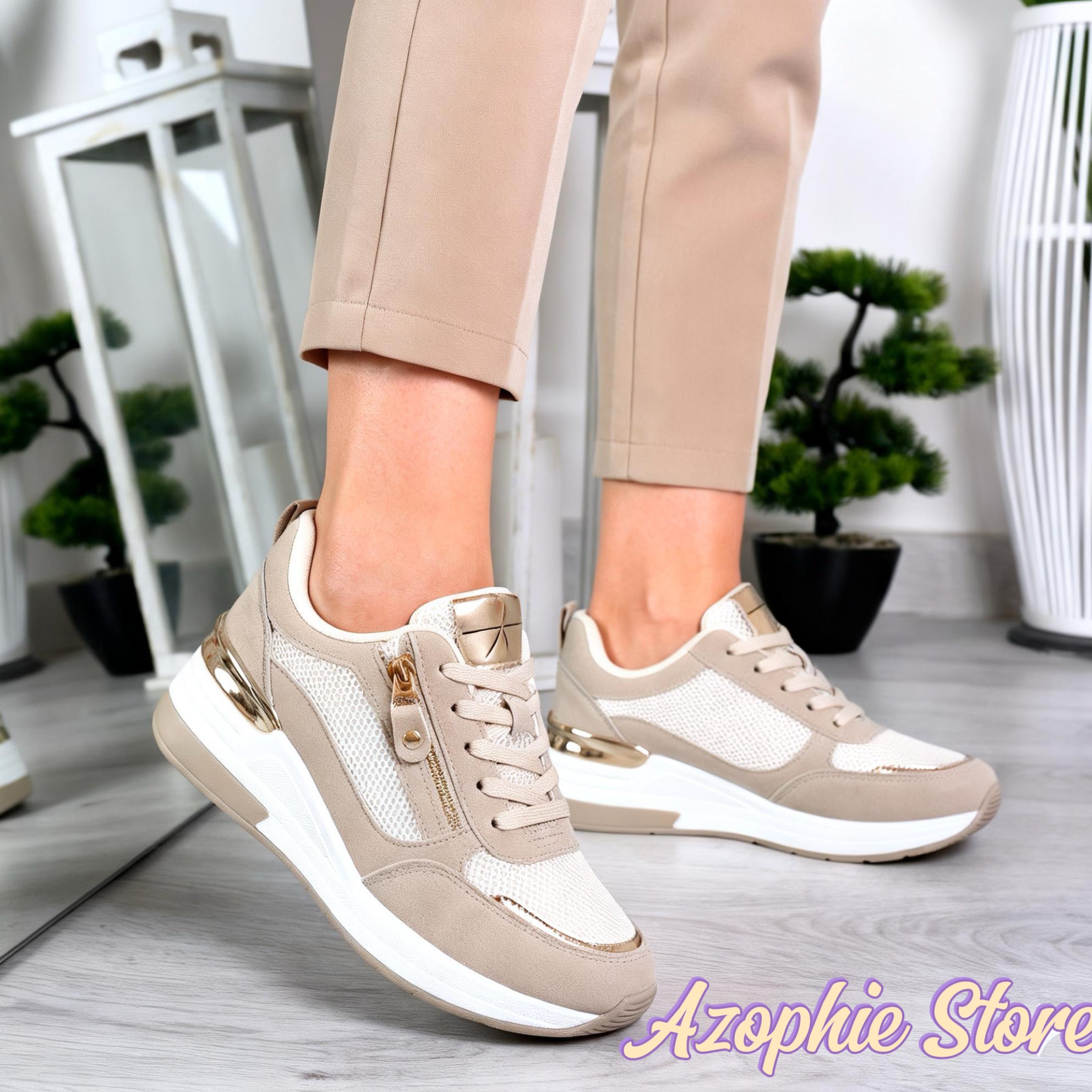 Axa_sneakers beige e bianca con zeppa